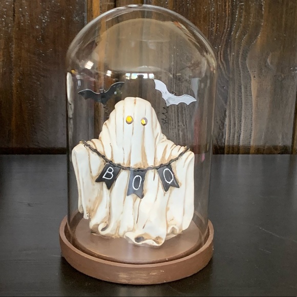 HTF - Glass Dome Ghost Cloche Light Up Halloween Decor - Boo Bats - Picture 2 of 13